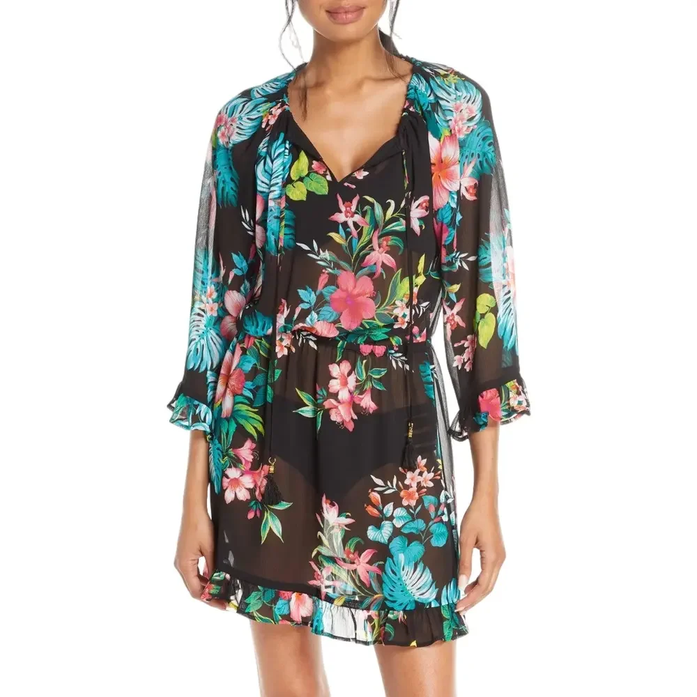 Tommy Bahama Size S Floral Black Ruffle Sheer Tunic‎ Dress Swim Coverup Vacation